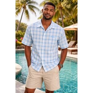 Southpole Button Up Shirt Mens Medium Blue Purple Plaid Pocket Embroidered Logo